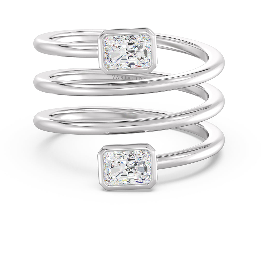 Radiant-Cut Dual Stone Lab-Grown Diamond Spiral Statement Ring in White Gold with 18K Bezel Setting