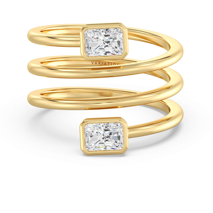 Radiant-Cut Dual Stone Lab-Grown Diamond Spiral Statement Ring in Yellow Gold with 18K Bezel Setting