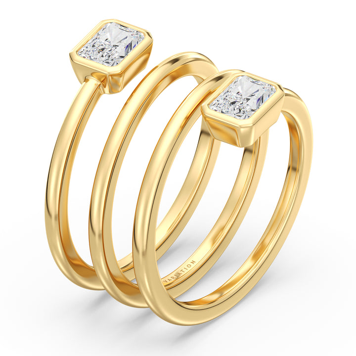 Radiant-Cut Dual Stone Lab-Grown Diamond Spiral Statement Ring in Yellow Gold with 18K Bezel Setting