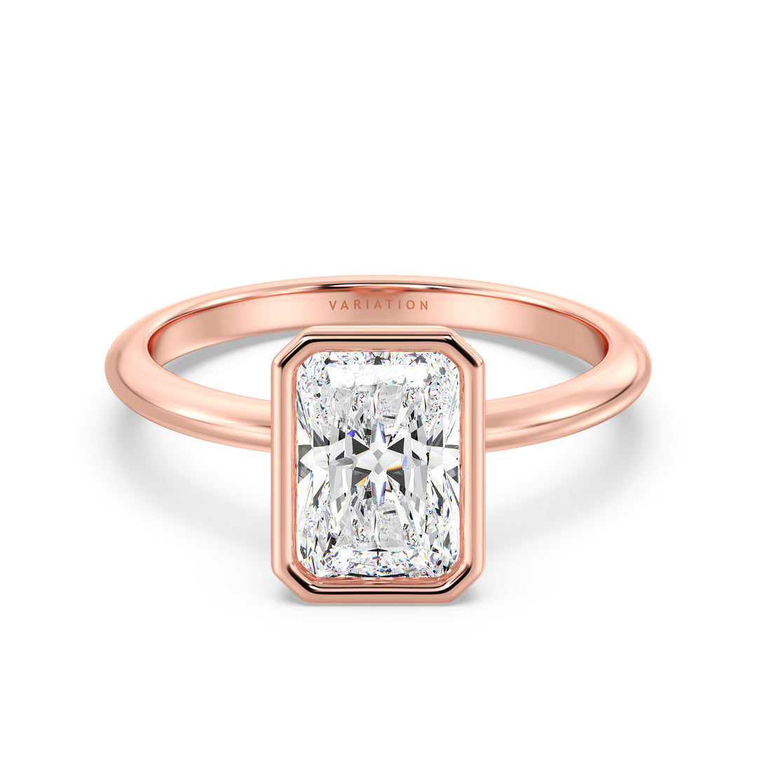 Radiant Cut Lab-Grown Diamond Solitaire Ring in 18K Rose Gold. Features a dazzling radiant cut diamond set in a sleek bezel setting, offering a romantic touch with its soft, pink-toned glow