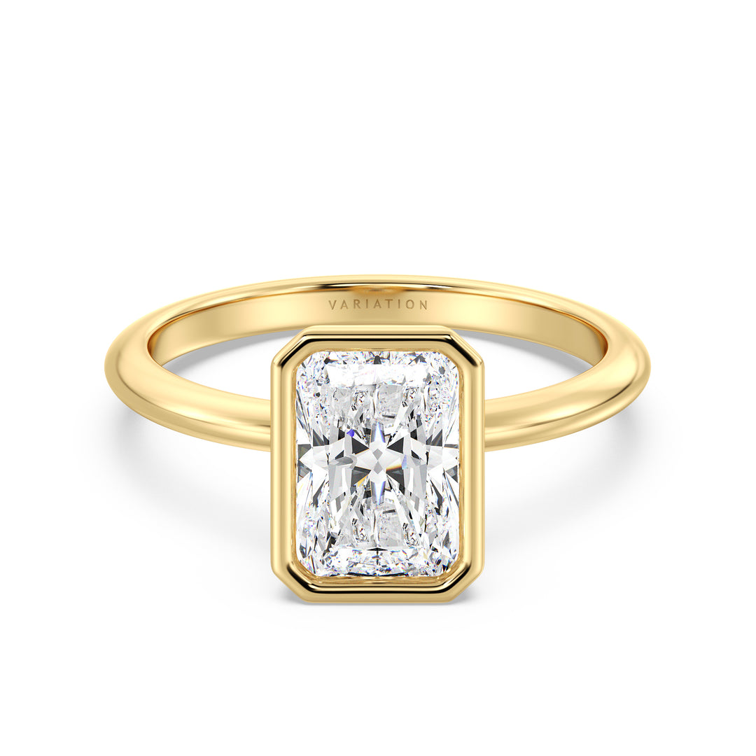 Radiant Cut Lab-Grown Diamond Solitaire Ring in 18K Yellow Gold. Features a brilliant radiant cut diamond set in a sleek bezel setting, showcasing classic elegance with a warm, golden hue