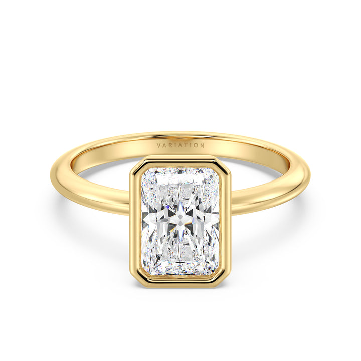 Radiant Cut Lab-Grown Diamond Solitaire Ring in 18K Yellow Gold. Features a brilliant radiant cut diamond set in a sleek bezel setting, showcasing classic elegance with a warm, golden hue