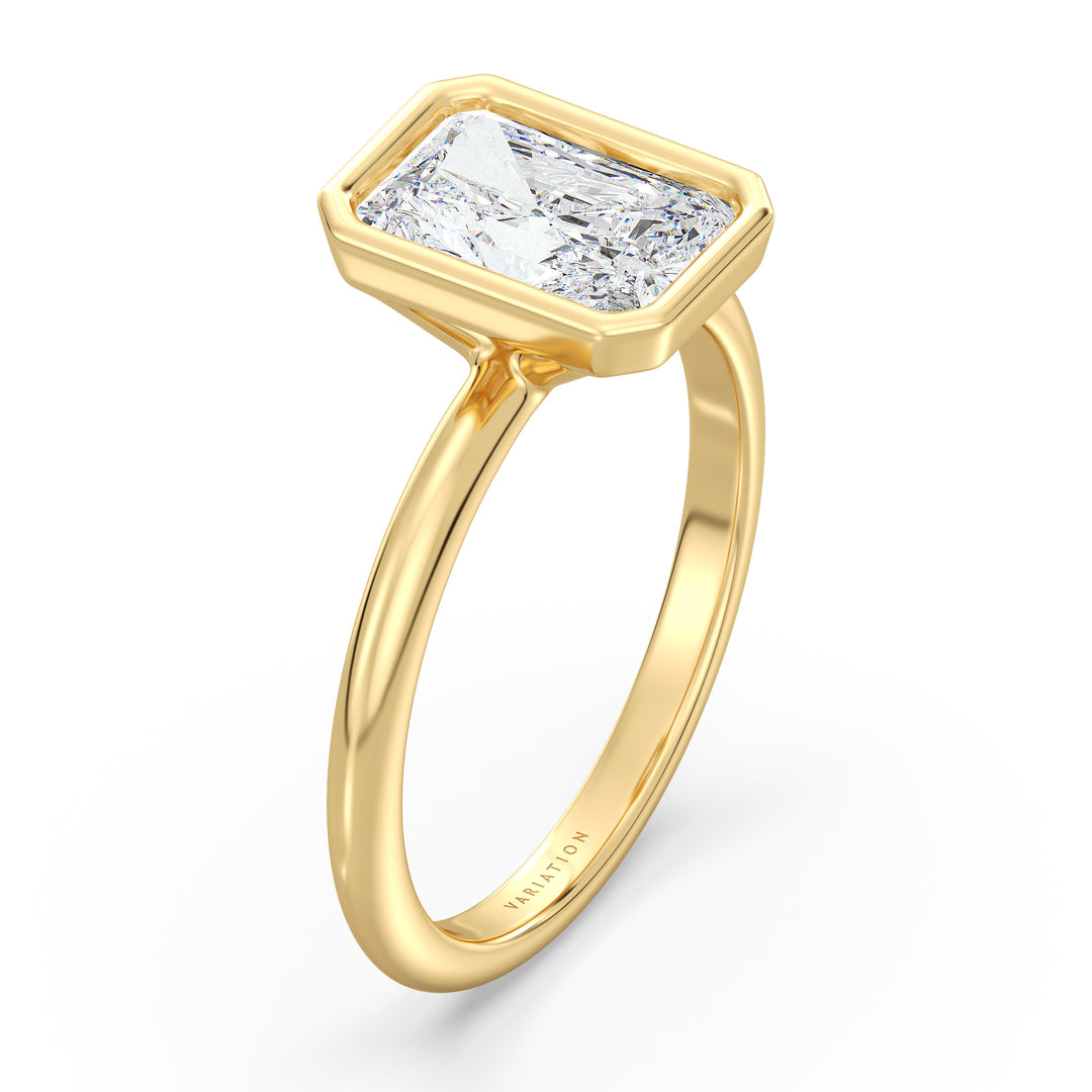 Radiant Cut Lab-Grown Diamond Solitaire Ring in 18K Yellow Gold. Features a brilliant radiant cut diamond set in a sleek bezel setting, showcasing classic elegance with a warm, golden hue