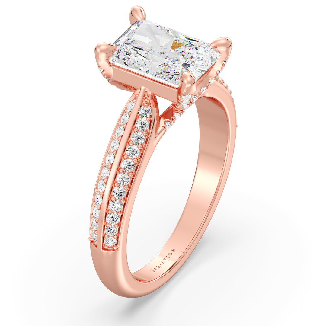 Radiant Cut Lab-Grown Diamond Engagement Ring with Pavé Band in 18K Rose Gold, showcasing a 4-claw setting and 72 round side diamonds.