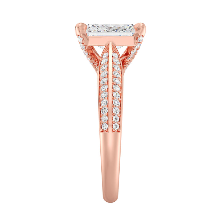 Radiant Cut Lab-Grown Diamond Engagement Ring with Pavé Band in 18K Rose Gold, showcasing a 4-claw setting and 72 round side diamonds.