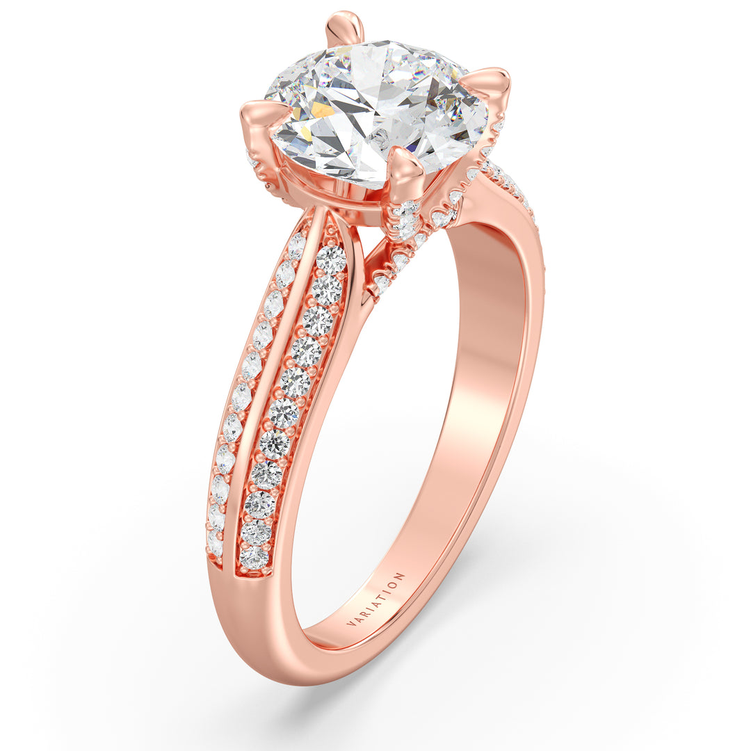 Round-Cut Lab Grown Diamond Engagement Ring with 1ct to 4ct center stone in 18K Rose Gold, featuring a pavé band with 74 round diamonds