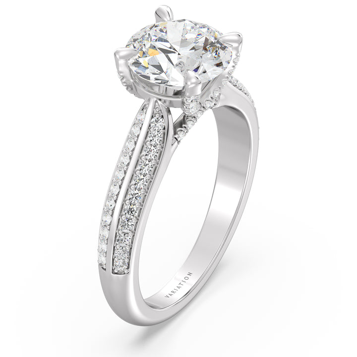 Round-Cut Lab Grown Diamond Engagement Ring with 1ct to 4ct center stone in 18K White Gold, featuring a pavé band with 74 round diamonds