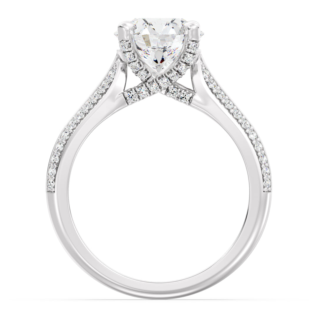 Round-Cut Lab Grown Diamond Engagement Ring with 1ct to 4ct center stone in 18K White Gold, featuring a pavé band with 74 round diamonds