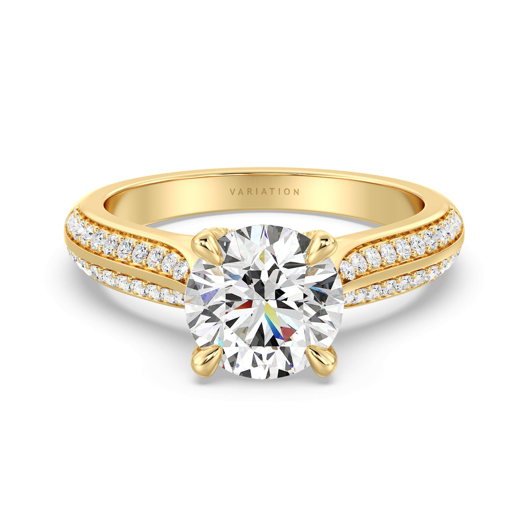 Round-Cut Lab Grown Diamond Engagement Ring with 1ct to 4ct center stone in 18K Yellow Gold, featuring a pavé band with 74 round diamonds