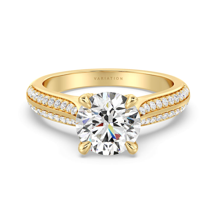 Round-Cut Lab Grown Diamond Engagement Ring with 1ct to 4ct center stone in 18K Yellow Gold, featuring a pavé band with 74 round diamonds