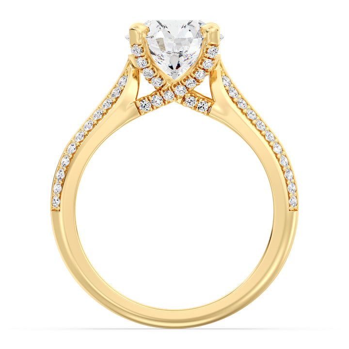 Round-Cut Lab Grown Diamond Engagement Ring with 1ct to 4ct center stone in 18K Yellow Gold, featuring a pavé band with 74 round diamonds