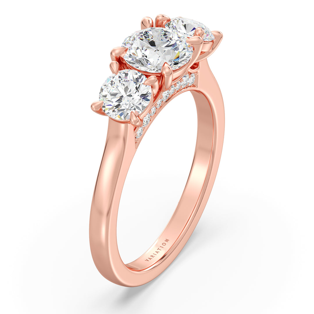 Three-Stone Round Cut Lab-Grown Diamond Engagement Ring in Rose Gold with Claw Setting, featuring a 1ct center diamond and two 0.50ct side diamonds, accented with pave diamonds