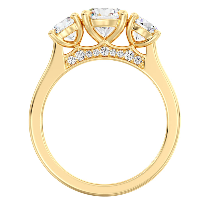 Three-Stone Round Cut Lab-Grown Diamond Engagement Ring in Yellow Gold with Claw Setting, featuring a 1ct center diamond and two 0.50ct side diamonds, accented with pave diamonds