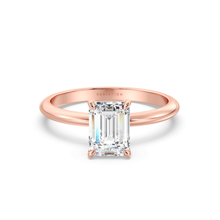 A chic Emerald Cut Lab-Grown Diamond Solitaire Engagement Ring in 18K Rose Gold, highlighting a beautiful emerald cut diamond in a classic 4-claw prong setting