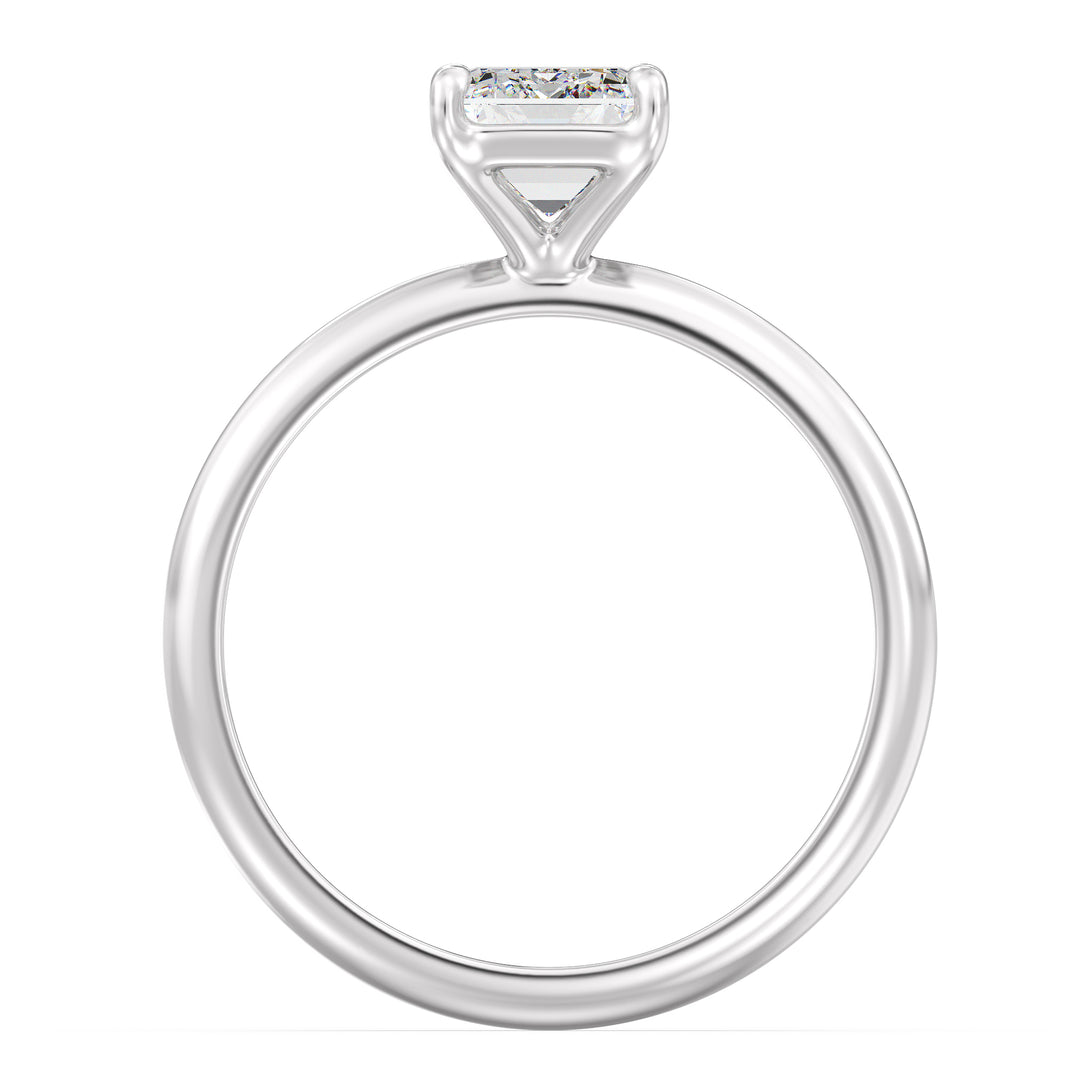 A sophisticated Emerald Cut Lab-Grown Diamond Solitaire Engagement Ring in 18K White Gold, showcasing a brilliant emerald cut diamond held in a classic 4-claw prong setting