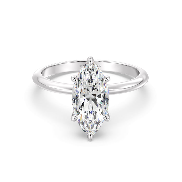 Timeless Marquise Cut Lab-Grown Diamond Solitaire Engagement Ring in 18K White Gold. Featuring a marquise-cut diamond in a classic 6-claw prong setting, available in carat weights from 1.00ct to 4.00ct