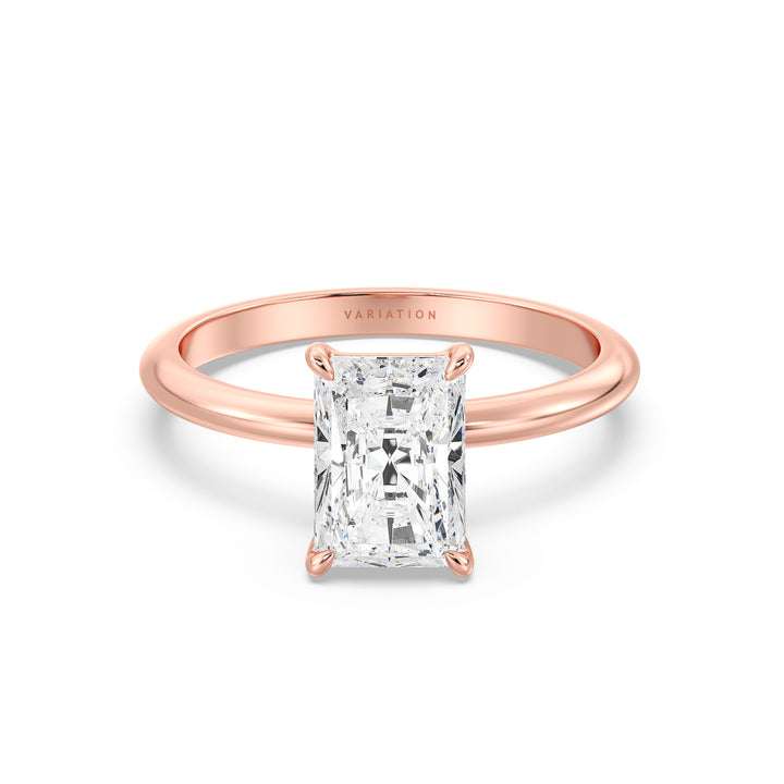 Engagement ring featuring a radiant-cut lab-grown diamond set in a classic 4-claw prong setting, crafted in 18K rose gold