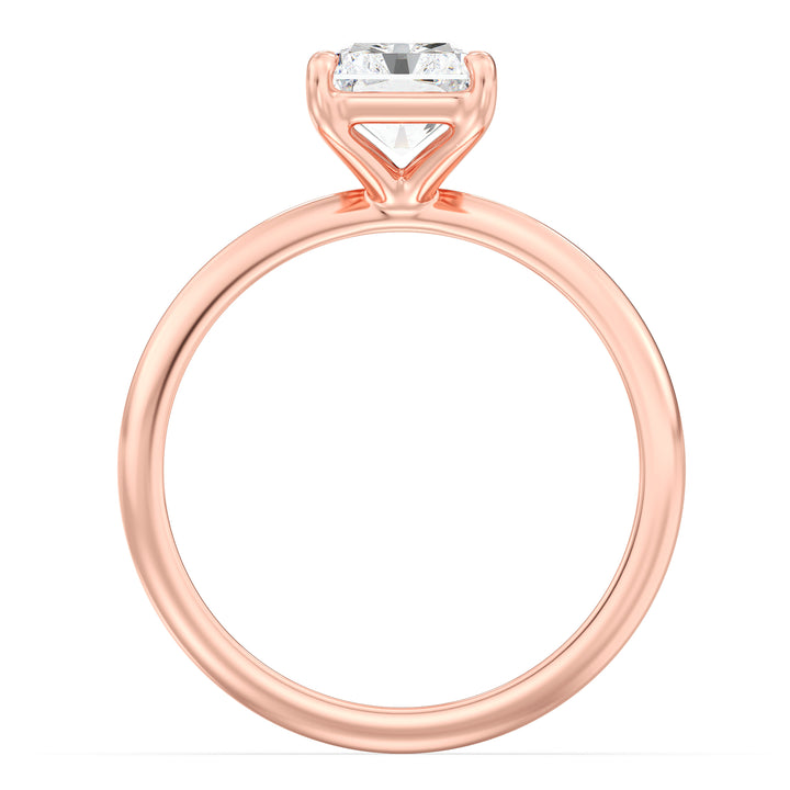 Engagement ring featuring a radiant-cut lab-grown diamond set in a classic 4-claw prong setting, crafted in 18K rose gold