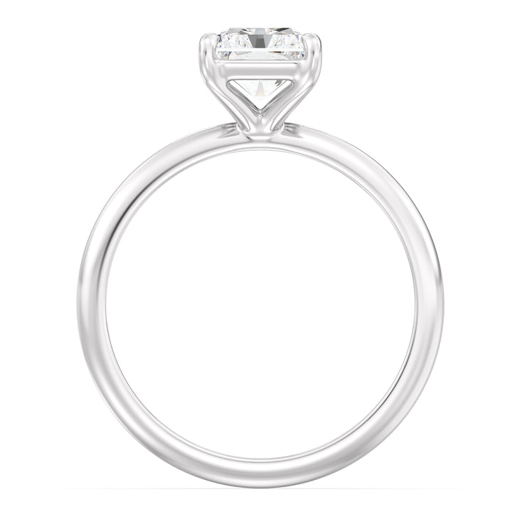 Engagement ring showcasing a radiant-cut lab-grown diamond in a classic 4-claw prong setting, made from 18K white gold