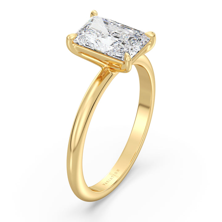 Engagement ring with a radiant-cut lab-grown diamond in a classic 4-claw prong setting, crafted in 18K yellow gold