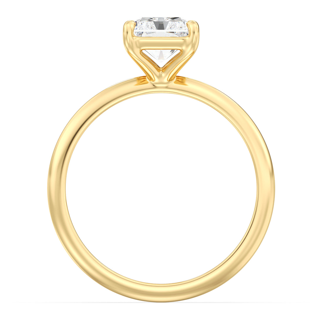 Engagement ring with a radiant-cut lab-grown diamond in a classic 4-claw prong setting, crafted in 18K yellow gold