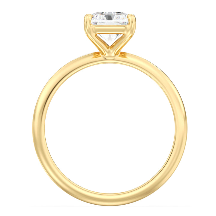 Engagement ring with a radiant-cut lab-grown diamond in a classic 4-claw prong setting, crafted in 18K yellow gold