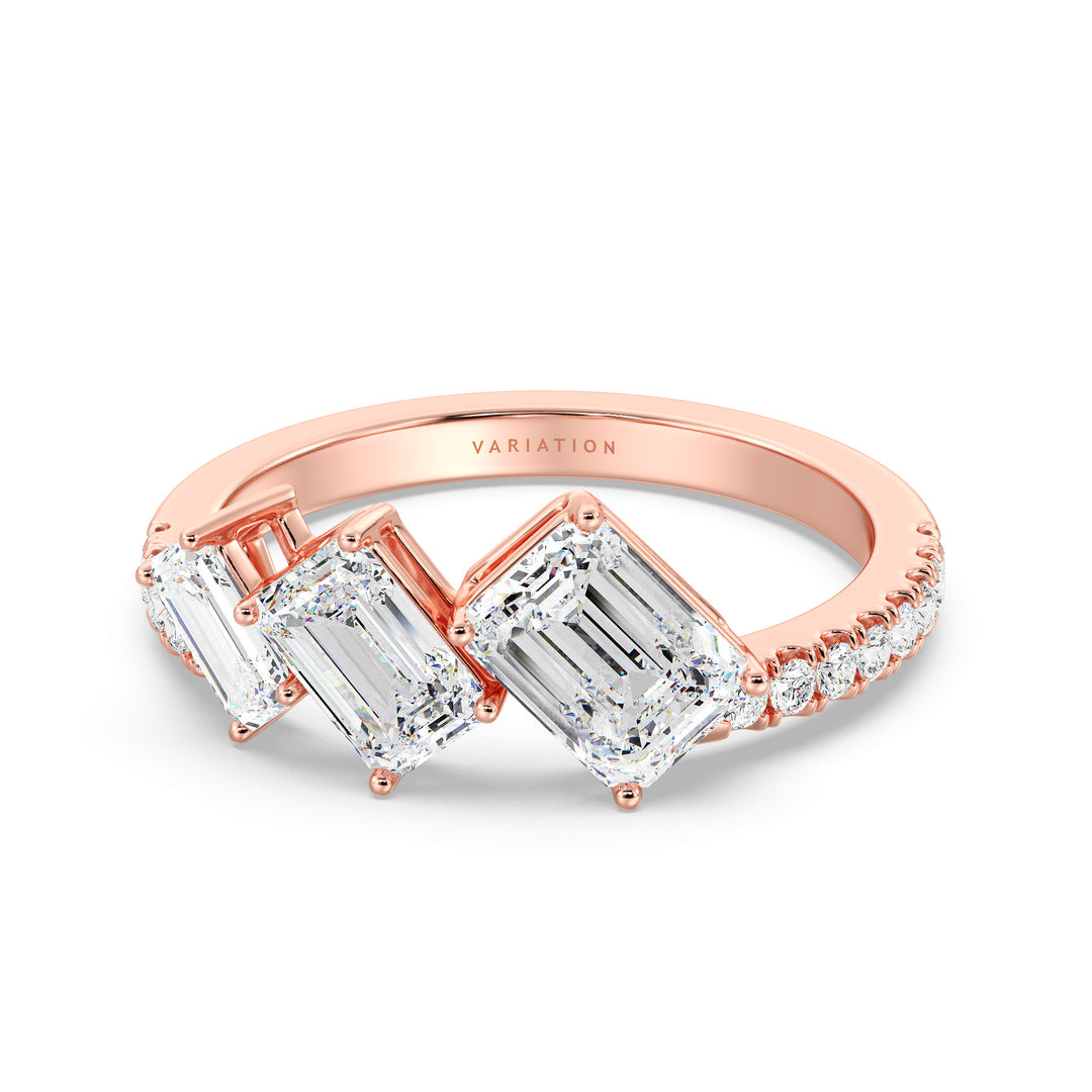 Triple Emerald-Cut Lab-Grown Diamond Wedding Band in 18K Rose Gold, featuring three emerald-cut diamonds with pavé-set round-cut side stones, totaling 1.94 carats