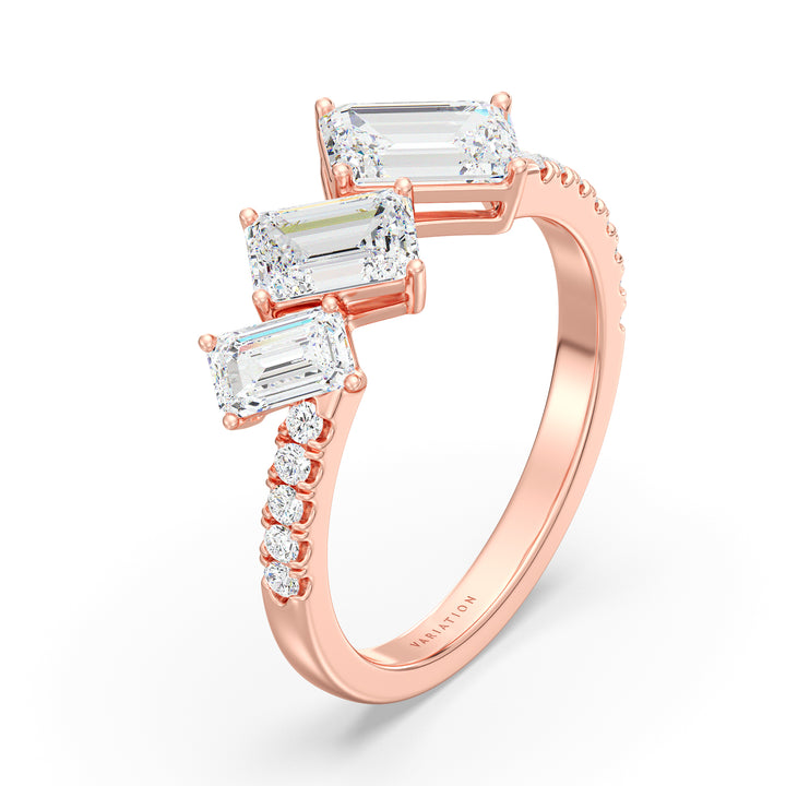 Triple Emerald-Cut Lab-Grown Diamond Wedding Band in 18K Rose Gold, featuring three emerald-cut diamonds with pavé-set round-cut side stones, totaling 1.94 carats