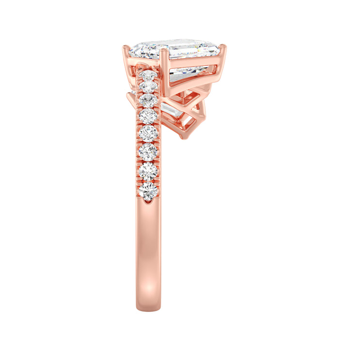 Triple Emerald-Cut Lab-Grown Diamond Wedding Band in 18K Rose Gold, featuring three emerald-cut diamonds with pavé-set round-cut side stones, totaling 1.94 carats