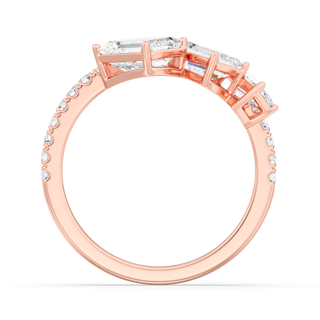 Triple Emerald-Cut Lab-Grown Diamond Wedding Band in 18K Rose Gold, featuring three emerald-cut diamonds with pavé-set round-cut side stones, totaling 1.94 carats