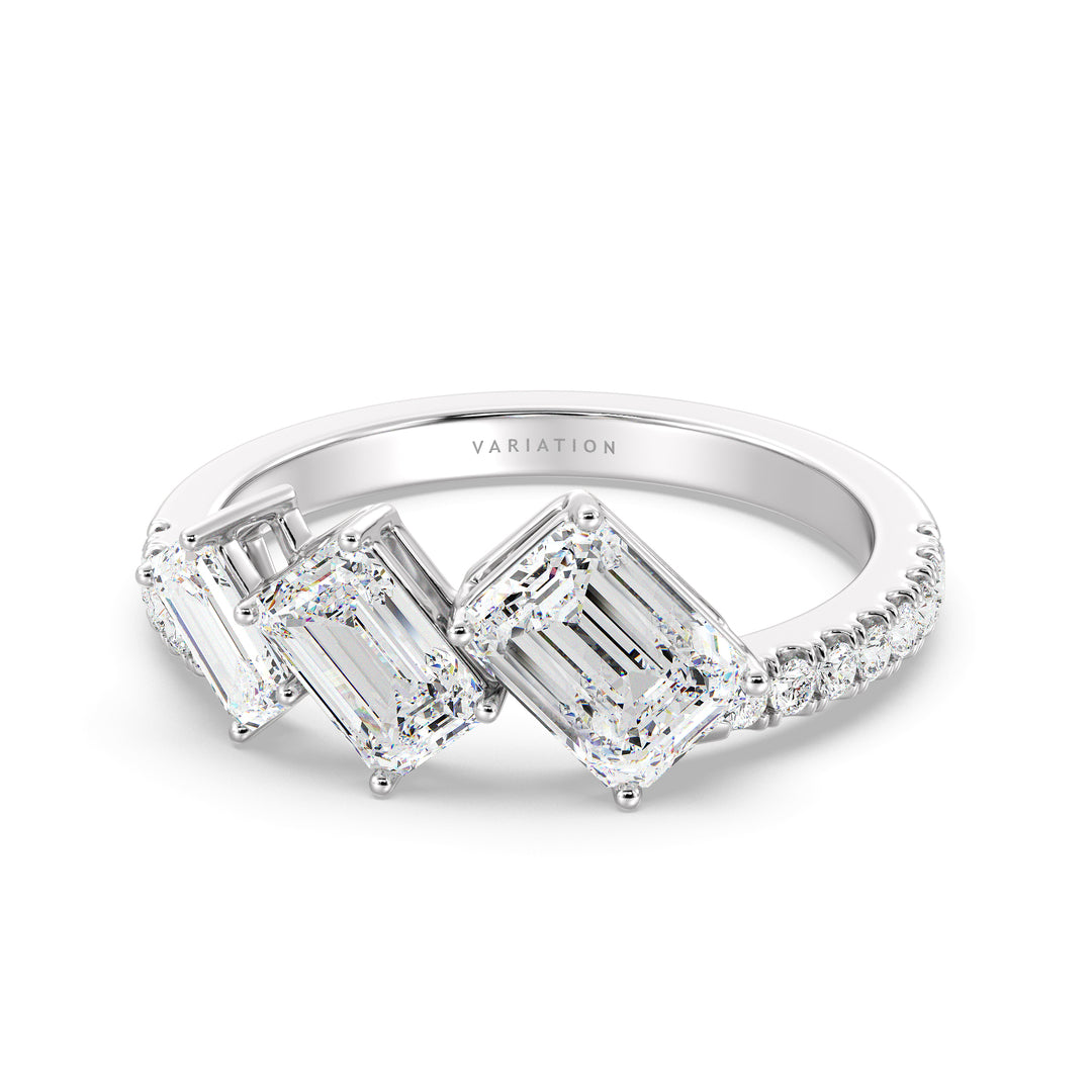 Triple Emerald-Cut Lab-Grown Diamond Wedding Band in 18K White Gold, adorned with three emerald-cut diamonds and pavé-set round-cut side stones, totaling 1.94 carats