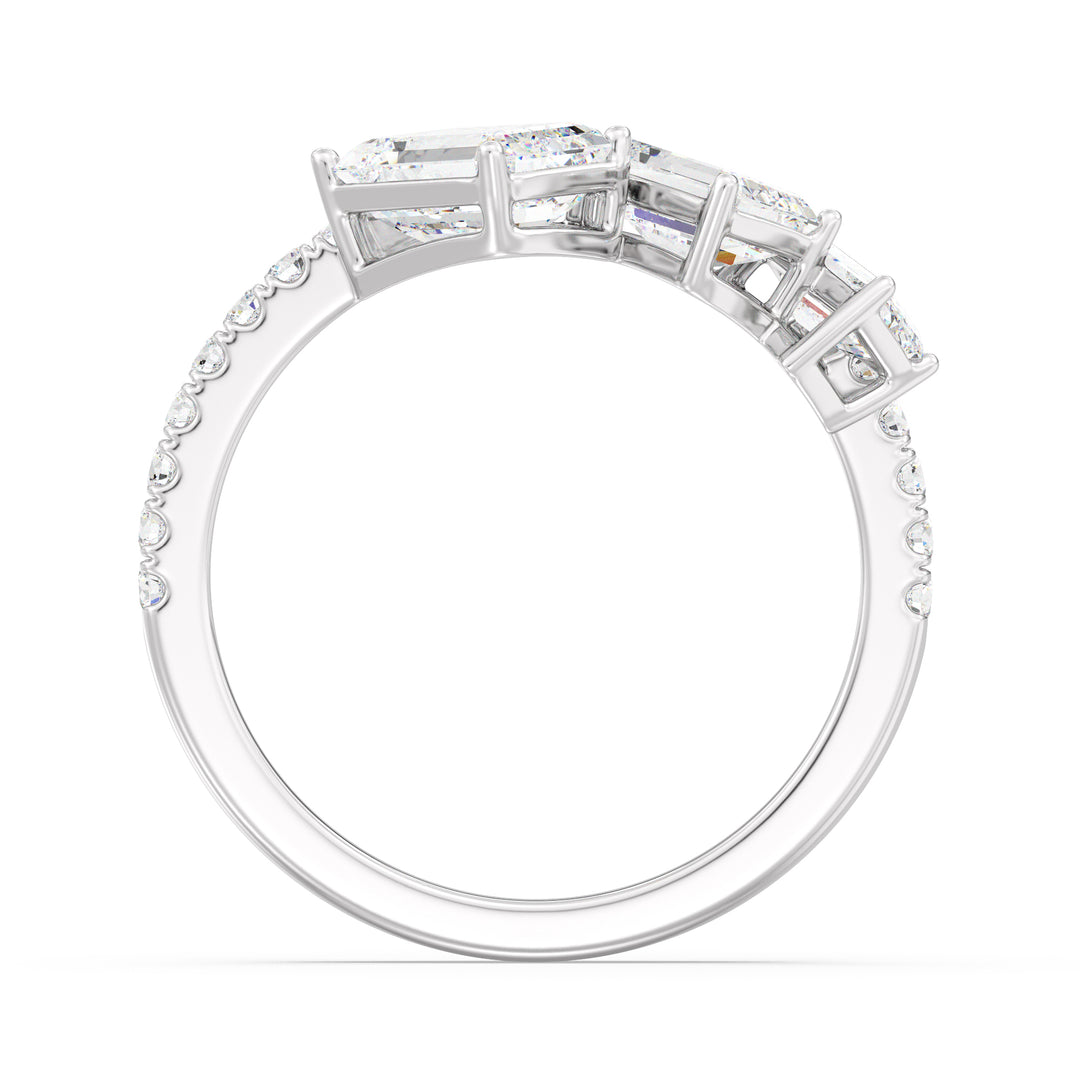 Triple Emerald-Cut Lab-Grown Diamond Wedding Band in 18K White Gold, adorned with three emerald-cut diamonds and pavé-set round-cut side stones, totaling 1.94 carats