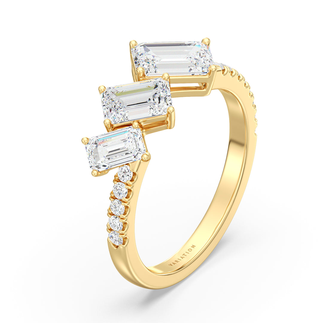 Triple Emerald-Cut Lab-Grown Diamond Wedding Band in 18K Yellow Gold, showcasing three emerald-cut diamonds and pavé-set round-cut side stones, totaling 1.94 carats