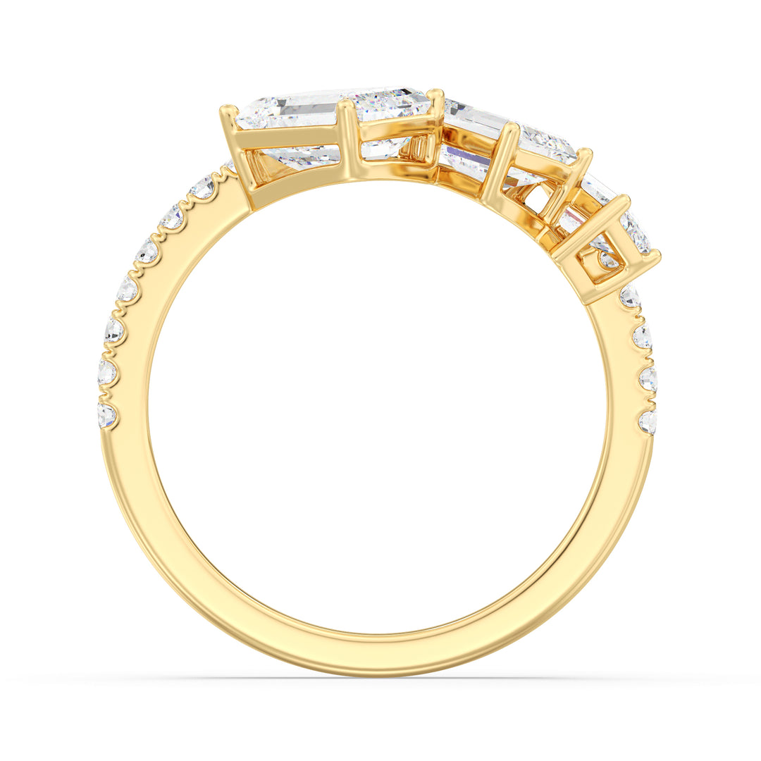 Triple Emerald-Cut Lab-Grown Diamond Wedding Band in 18K Yellow Gold, showcasing three emerald-cut diamonds and pavé-set round-cut side stones, totaling 1.94 carats