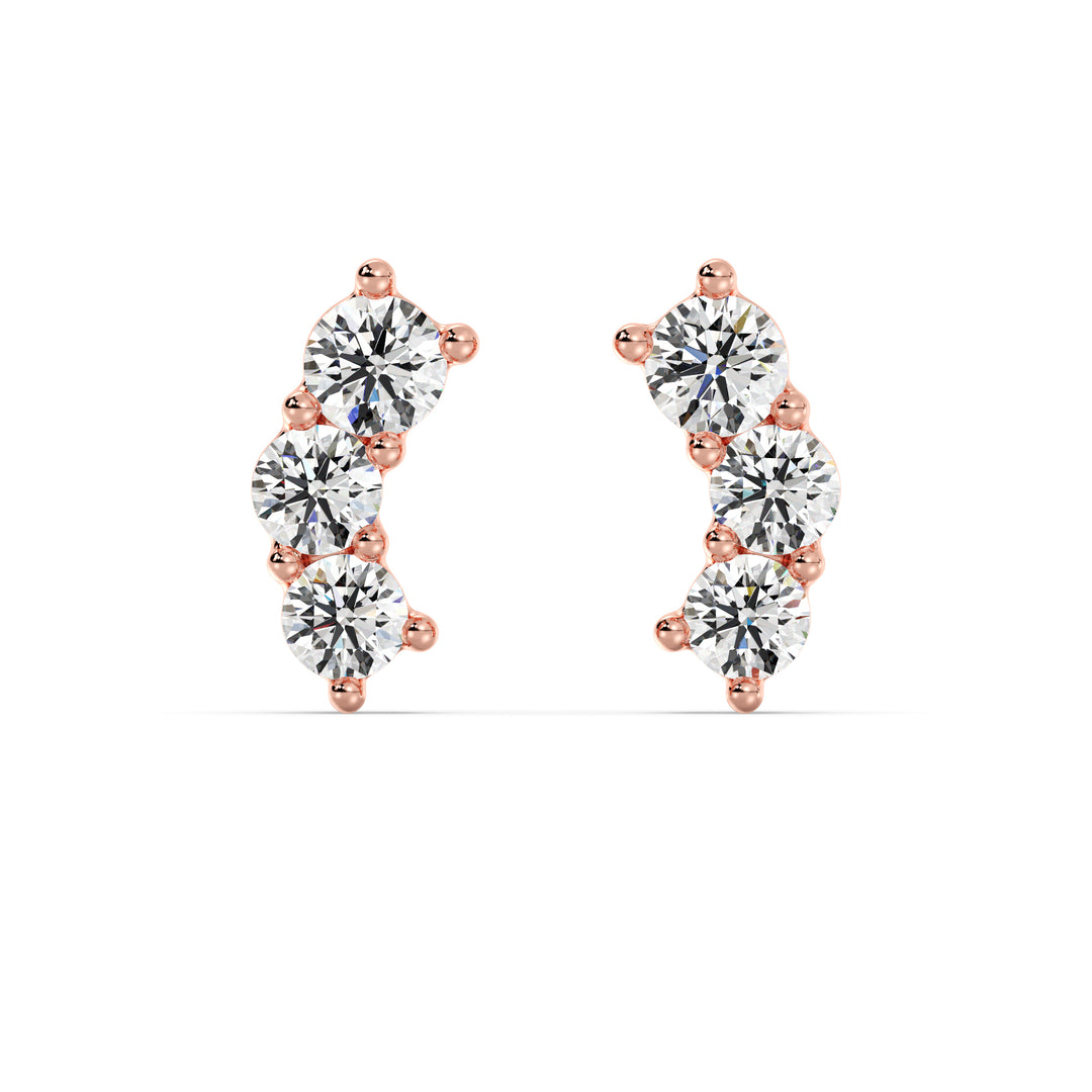 18K Solid Gold Curved Three-Stone Earrings with Round Lab Grown Diamonds, featuring 6 EF/VS diamonds totaling 0.76 carats, in Yellow, White, or Rose gold tones