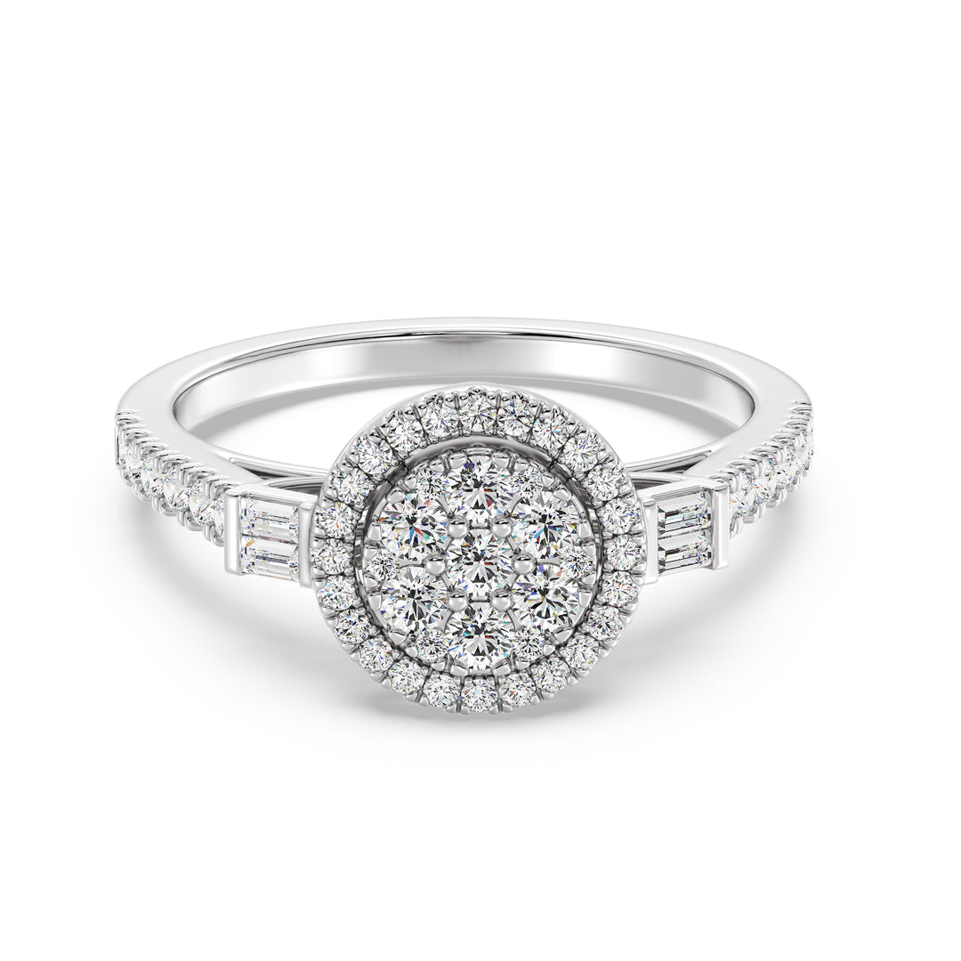 0.74 CTTW Lab-Grown Diamond Round Cluster Halo Engagement Ring in 18K Gold