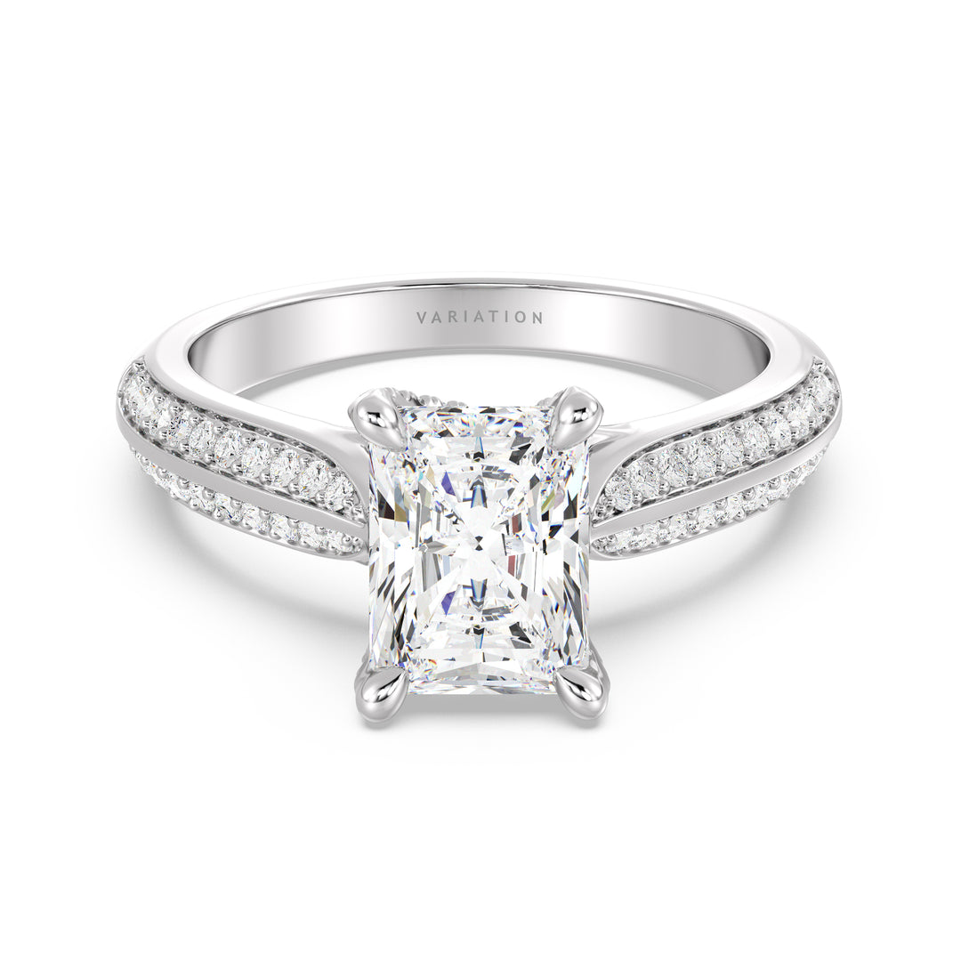 Radiant Cut Lab-Grown Diamond Engagement Ring with Pavé Band in 18K White Gold, highlighted by a 4-claw setting and 72 round side diamonds