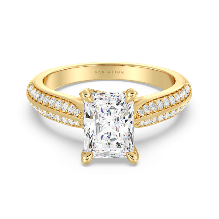 Radiant Cut Lab-Grown Diamond Engagement Ring with Pavé Band in 18K Yellow Gold, featuring a 4-claw setting and 72 round side stones