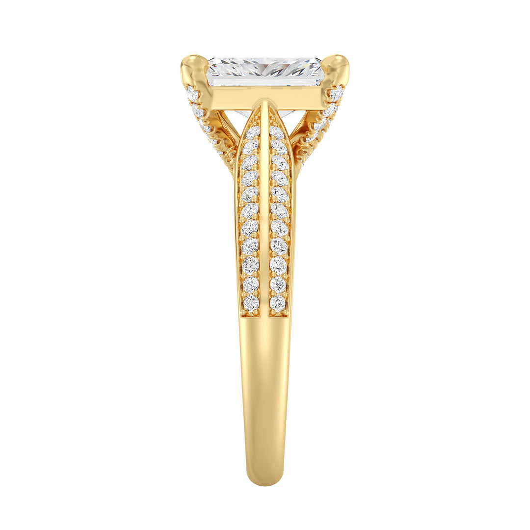 Radiant Cut Lab-Grown Diamond Engagement Ring with Pavé Band in 18K Yellow Gold, featuring a 4-claw setting and 72 round side stones