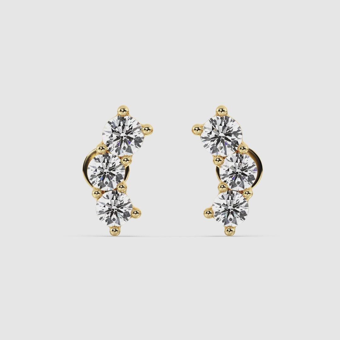 18K Solid Gold Curved Three-Stone Earrings with Round Lab Grown Diamonds, featuring 6 EF/VS diamonds totaling 0.76 carats, in Yellow, White, or Rose gold tones