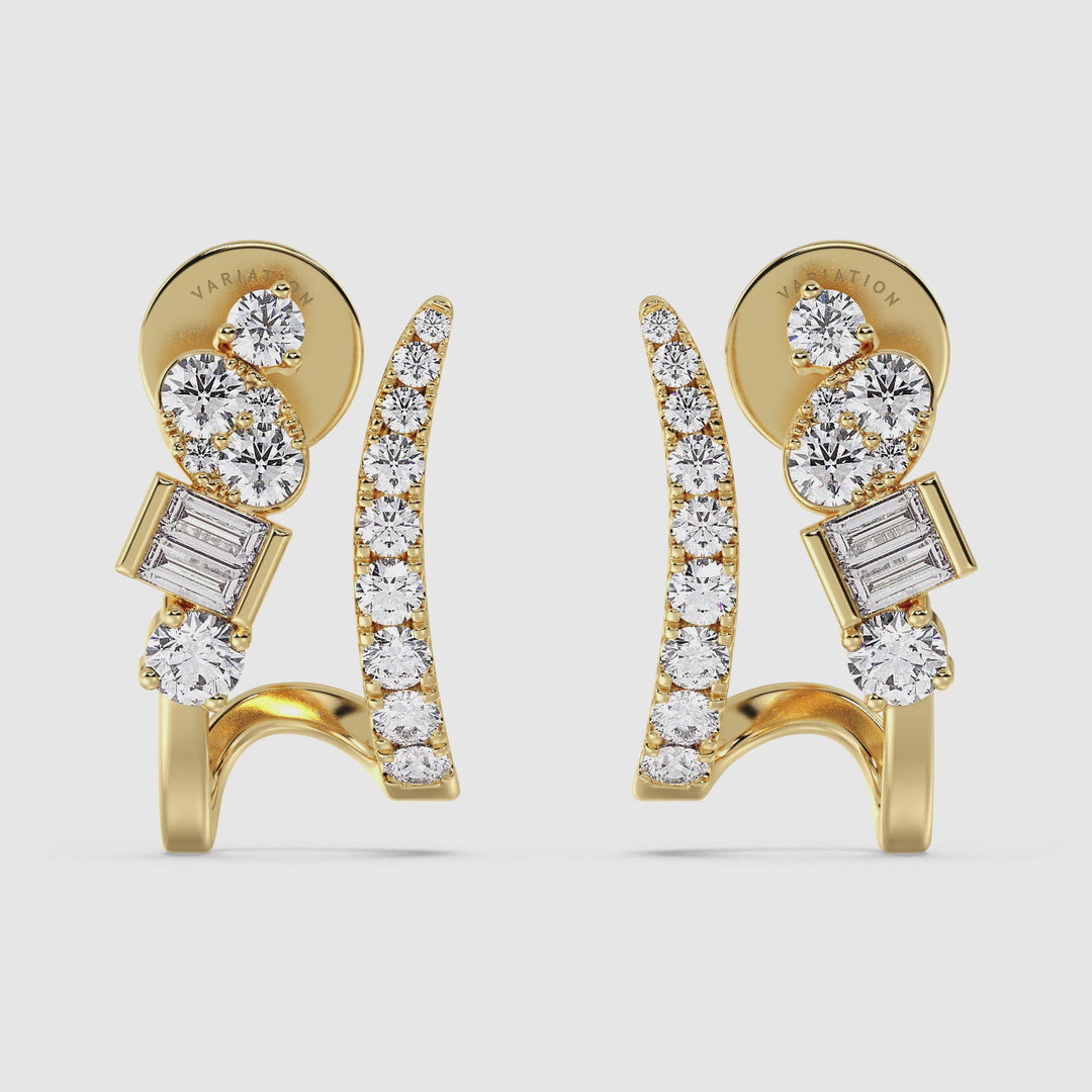 Video showcasing 18K Yellow Gold Diamond-Studded Hoop Earrings featuring Round and Baguette Cut Lab-Grown Diamonds, highlighting their brilliance and craftsmanship