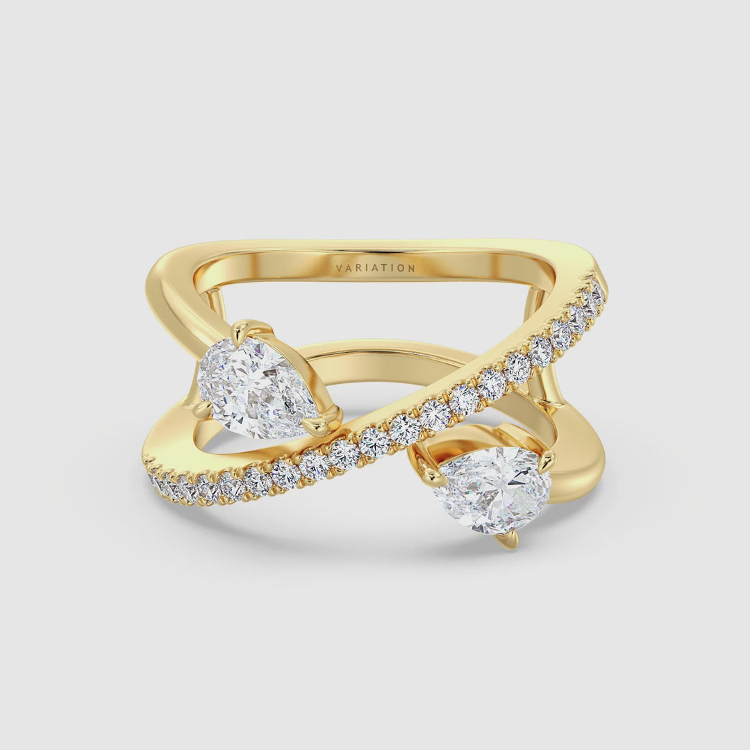 360-degree view of the Elegant Pear-Shaped Lab-Grown Diamond Dual-Stone Twisted Ring in 18K Yellow Gold. The video showcases two 0.50 ct EF/VS clarity pear-cut diamonds and 21 round-cut diamonds, set in a twisted band design for a luxurious and radiant look