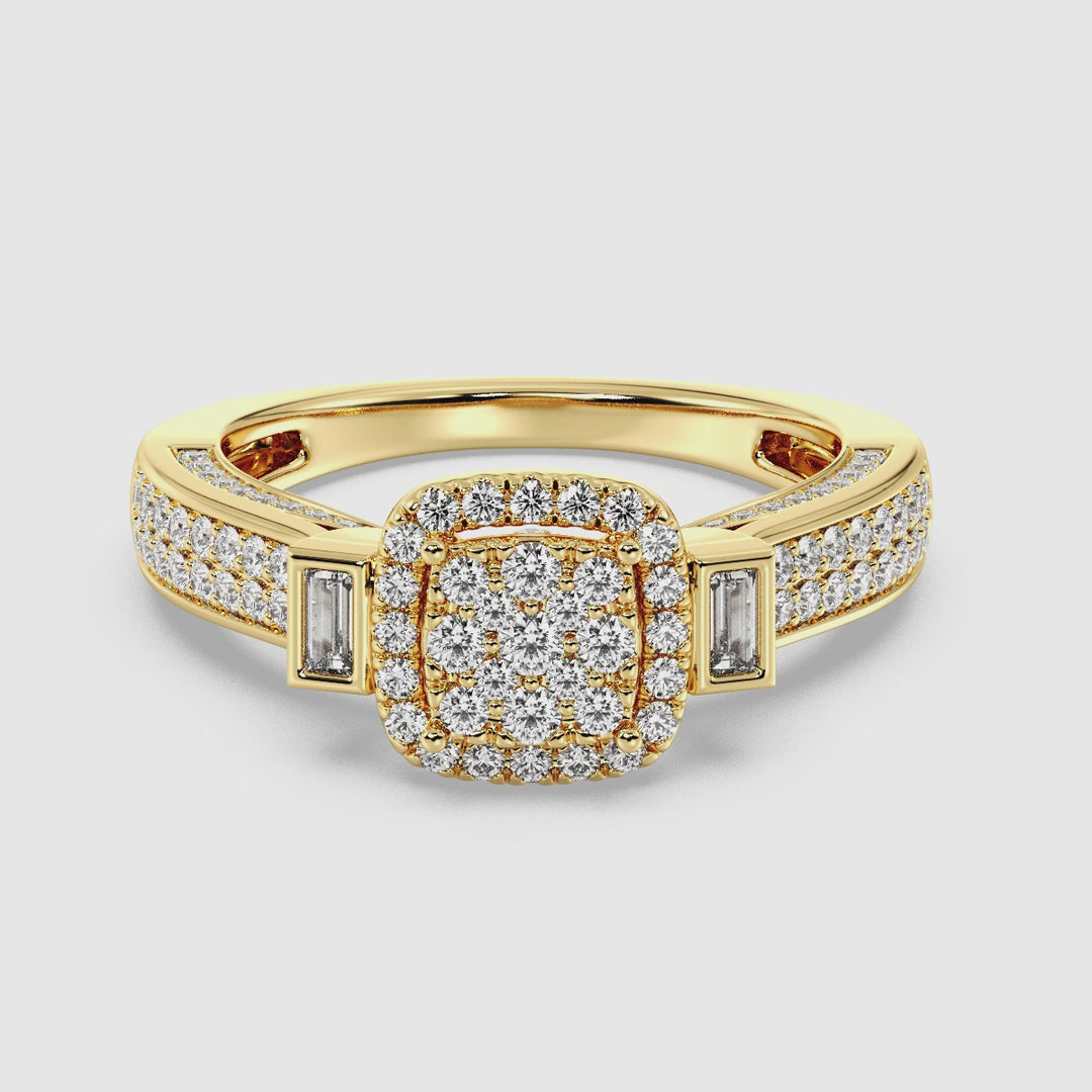 A rotating view of the 0.84 CTTW Round and Baguette EF-VS Lab-Grown Diamond Square Cluster Halo Engagement Ring in 18K Yellow Gold. The video showcases the intricate details of the 117 sparkling lab-grown diamonds with EF color and VS clarity, highlighting the brilliance of the round and baguette stones set in a luxurious yellow gold band.