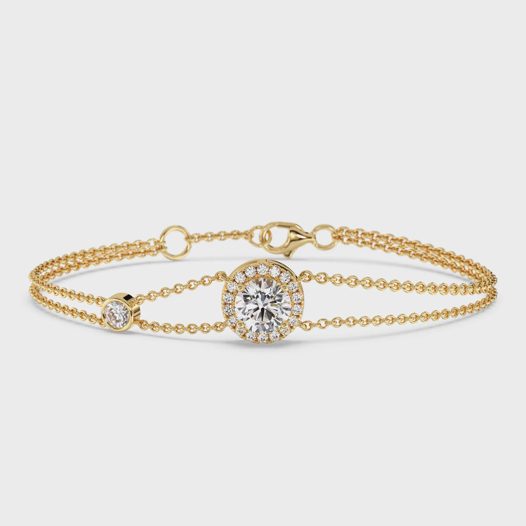 Halo-Set Round Lab Grown Diamond Double Chain Bracelet in 18K Solid Gold