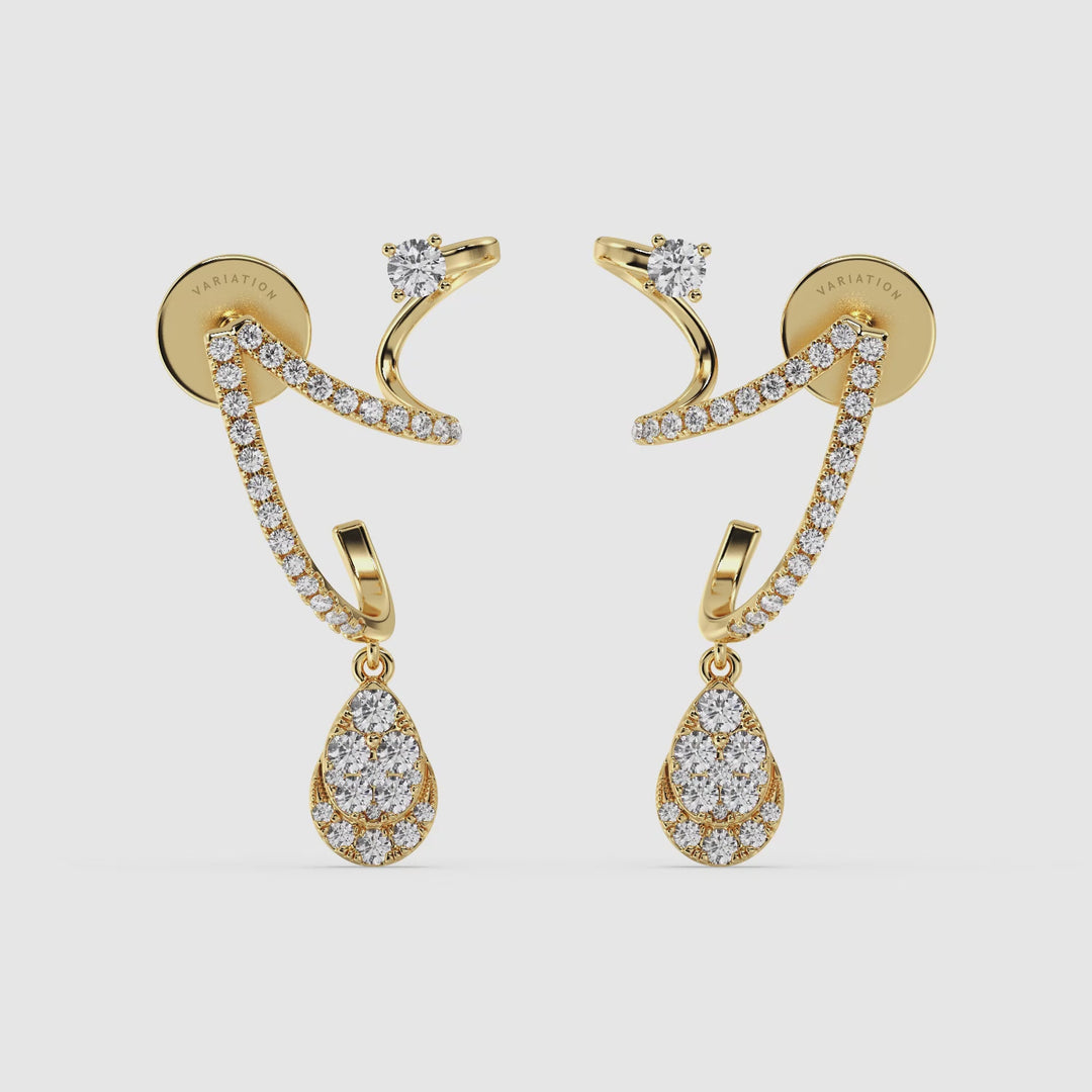 Video showcasing Elegant 18K Yellow Gold Lab-Grown Diamond Drop Earrings with 76 Round Cut Diamonds, totaling 0.78ct, featuring close-up views of diamond sparkle, 360° rotation to highlight craftsmanship, and model wearing earrings to display elegance and style