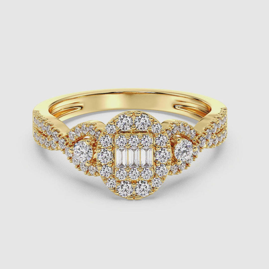 Video showcasing the 0.67CTTW Round EF-VS Lab-Grown Diamond Oval Cluster Engagement Ring set in 18K Yellow Gold, highlighting its intricate design and sparkling diamonds